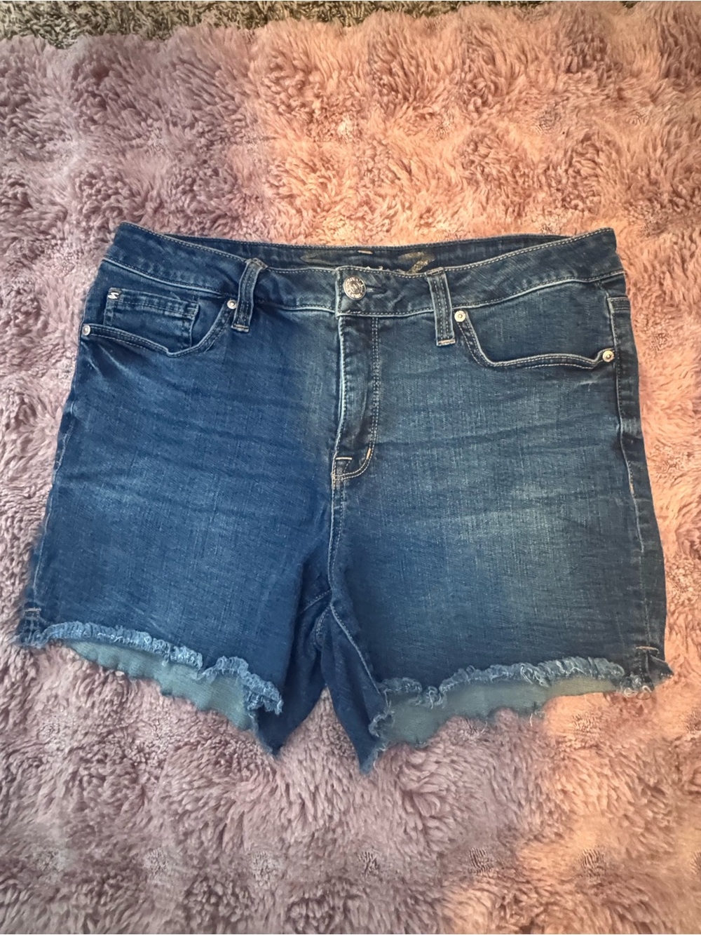 Seven7 Dark Blue Denim Shorts with Tan Patch